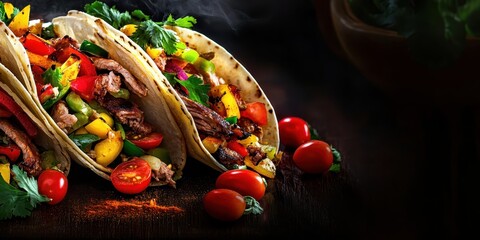 Mexican cuisine, vibrant tacos, colorful vegetables, soft tortillas, grilled meat, fresh herbs, cherry tomatoes, dark background, rustic wooden table, spicy seasoning, appetizing close-up, food photog