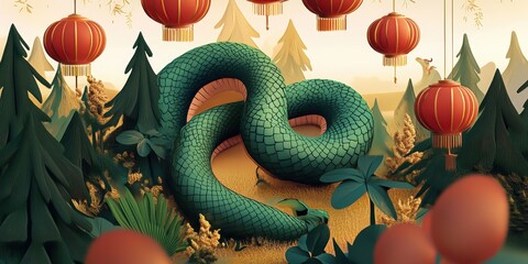 Chinese New Year celebration, coiled green snake, red lanterns, ornate decorations, golden patterns, festive atmosphere, Year of the Snake, vibrant colors, traditional symbolism, 3D rendering, detaile