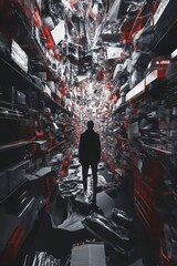 Wall Mural - a man is walking through a dark, narrow hallway with many boxes and shelves