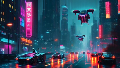 Wall Mural - Futuristic flying car traffic zipping through a neon-lit cyberpunk cityscape on a rainy night, showcasing advanced urban transport and vibrant digital art innovation