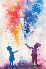 Wall Mural - Two children are holding a colorful spray paint can, creating a vibrant