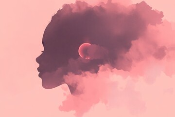 Sticker - Artistic pink glowing silhouette of a womans profile blended with clouds symbolizing creativity imagination and dreamlike digital environments