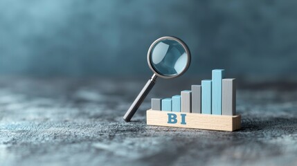 Magnifying glass examining a bar chart labeled BI on a textured surface Created with Generative AI.