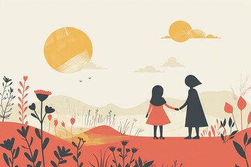 Wall Mural - A woman and a child are walking in a field with a sun in the background