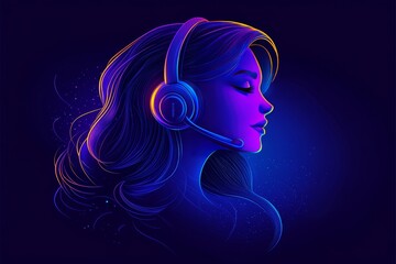 Wall Mural - Stylized neon blue silhouette of a woman with headphones symbolizing digital creativity sound immersion and modern tech in artistic spaces