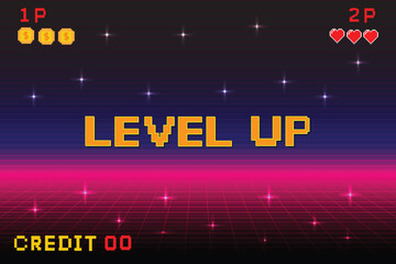 Leinwandbilder -  level up pink.Pixel art background.8 bit game. retro game. for game assets in vector illustrations. Retro Futurism Sci-Fi Background. glowing neon grid. and stars from vintagsynwap table1 