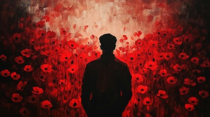 Sticker - Realistic portrayal of a soldier silhouette red poppies