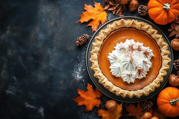 Top view of pumpkin pie with cream and fall leaves on dark rustic background, Thanksgiving concept
