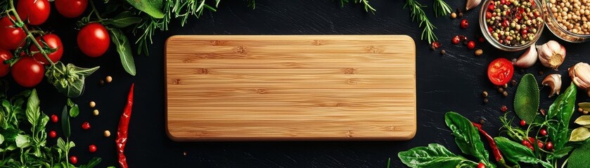 Wooden cutting board surrounded by fresh vegetables and spices on a dark surface.