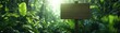 © narak0rn - Wooden signboard surrounded by lush green foliage in a sunlit forest, showcasing nature's beauty.