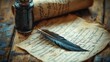© Tcukimay - A quill pen resting on an old parchment, alongside a bottle of ink, suggesting a scene of writing or letter writing in a historical context.