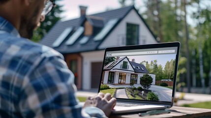 Man looking for house on real estate market website on laptop