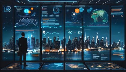 Wall Mural - Futuristic Data Analytics Visualization Featuring Digital Globe and Business Figures Against a Nighttime Cityscape