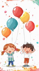 Wall Mural - A boy and a girl are holding balloons and smiling