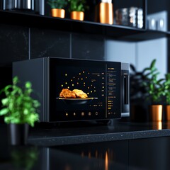 Modern microwave oven on a kitchen countertop, showcasing sleek design and advanced features with freshly cooked food.