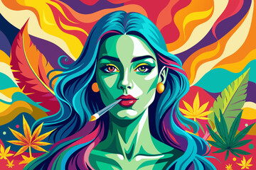 Wall Mural - woman with flowers. Vibrant attractive women smoking. illustration wallpaper.