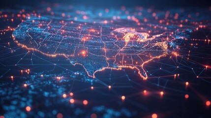 Poster - a sophisticated 3d animation of a digital map of the usa, displaying interconnected data lines and g