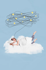 Sticker - Vertical image collage young cheerful girl sleepover lying covered blanket pillow dream insomnia late night rest drawing background