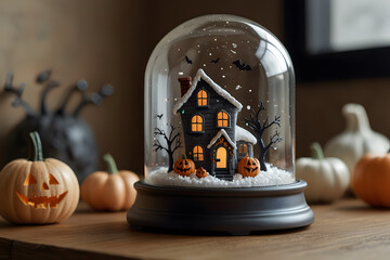 Cute halloween themes table , cups , snow glass , phone , laptops , lamps