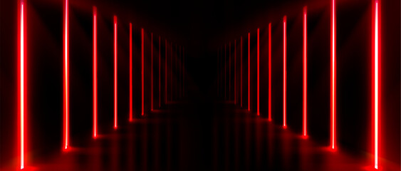 Poster - Neon light tunnel on black background. Vector realistic illustration of red led corridor perspective, futuristic laser security border, modern information technology system, virtual reality