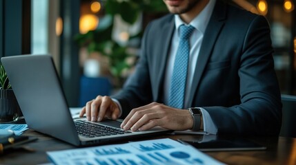Poster - businessman working on laptop in modern office space