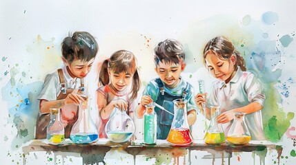 Poster - A group of children are playing with chemistry sets