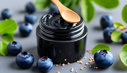 Natural skincare with homemade black cosmetic mask in glass jar, wooden spoon, and fresh blueberries on gray backdrop