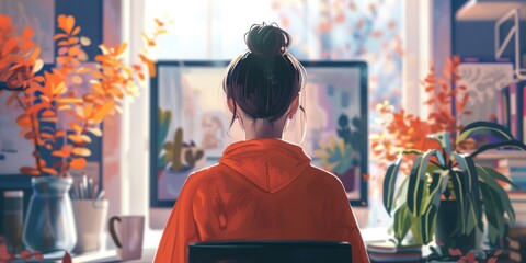 Poster - A woman in an orange hoodie sits in front of a computer monitor