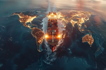 Cargo ship in the ocean. 3d render illustration. Top view.