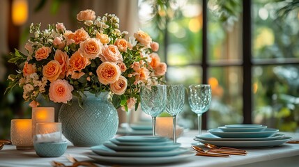 A table setting with blue and white plates, a blue vase with peach roses, two glasses, and golden cutlery.