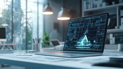 Poster - digital blueprint by architecture design software on laptop screen with documents and blueprint layo