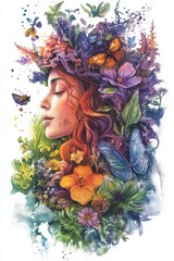 Poster - A woman with a flower crown on her head and butterflies on her face