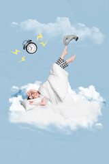 Wall Mural - Vertical collage picture young sleepy girl bedtime sleepover late alarm clock miss time arrangement lazy clouds sky 3d hand body fragment