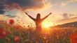© Johannes - Happy woman raised her hands up in a beautiful meadow during sunset. Woman enjoying life at sunset in a field with wildflowers. Generative AI