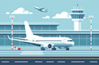© faber14 - Airport with an airplane on the runway. Vector illustration in minimalistic style.