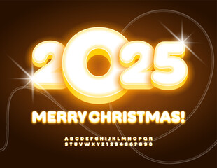 Aufkleber - Vector glowing Greeting Card Merry Christmas 2025! Yellow Illuminated Font. Bright lighting set of Alphabet Letters and Numbers
