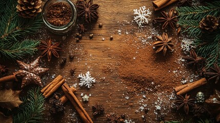 Sticker - top shot food photography of spices lying on a wooden surface, christmas themed, cozy 