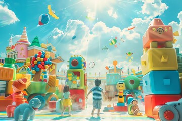 Wall Mural - A cartoonish scene of a child's play area with a bunch of toys