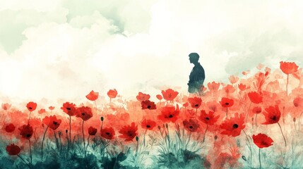 Poster - Creative watercolor illustration of a field of blooming poppies