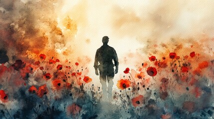 Poster - Creative watercolor illustration of a soldier shadow of blooming poppies