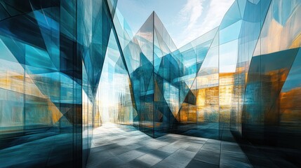 Multiple exposure of modern abstract glass architectural forms. Generative AI