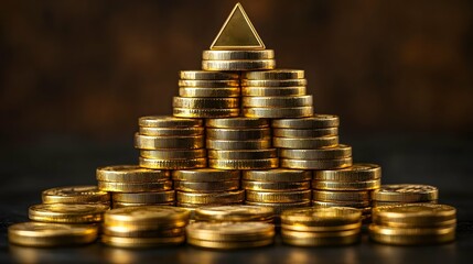 A stack of gold coins arranged in a pyramid shape with a small golden pyramid on top, symbolizing wealth and prosperity.