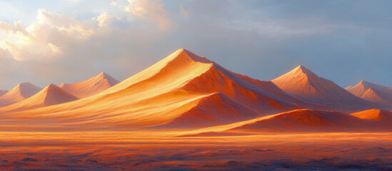 Wall Mural - Dramatic desert landscape with towering sand dunes and distant mountains during sunset