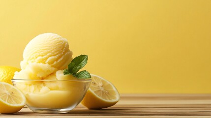 Wall Mural - a glass bowl filled with lemon sorbet and a sprig of mint with two lemon halves sitting on a wooden 