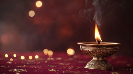 Traditional brass incense burner, placed on a rich burgundy backdrop with soft glowing lights, copy space, happy Diwali background, traditional, Indian festival.