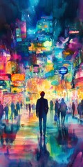 Canvas Print - A painting of a city street with a man walking in the foreground