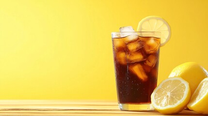 Wall Mural - a glass of iced tea with lemon slices on a wooden table with a yellow background.