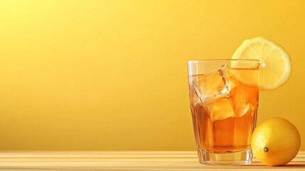 Wall Mural - a glass of iced tea with lemon wedge and whole lemon on a wooden surface in front of a yellow backgr