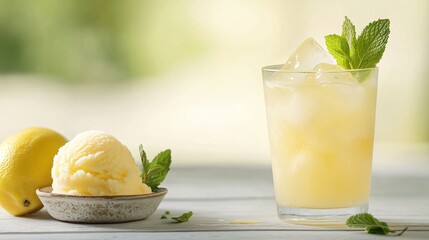 Wall Mural - a glass of lemonade with ice and mint, a lemon, and a bowl of lemon sorbet.