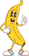 Aufkleber - Cartoon retro groovy banana fruit character with smiling face. Fun and playful tropical fruit personage showing thumbs-up, promotes healthy lifestyle, natural nutrition with a vintage nostalgic vibe